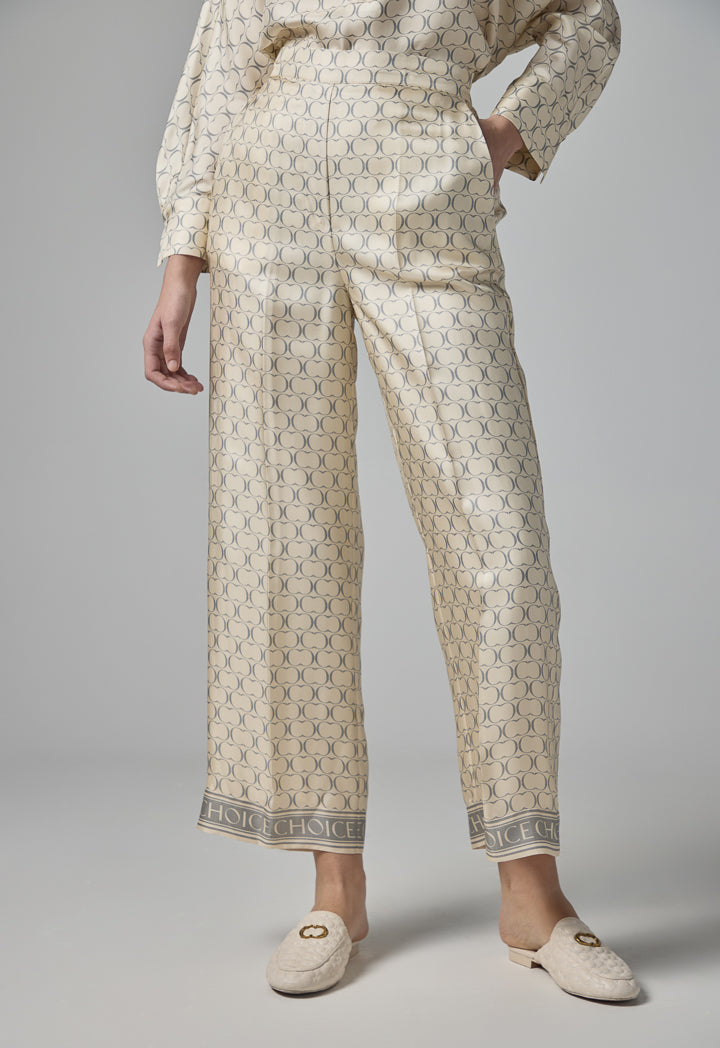 Choice Wide Leg Monogram Print Trousers Beige