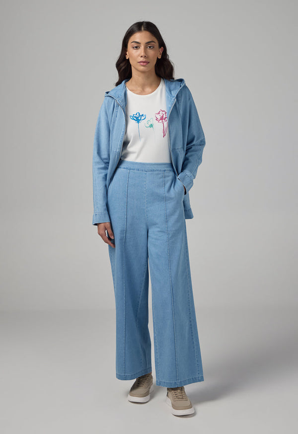 Choice Solid Wide Leg Denim Trousers Light Blue