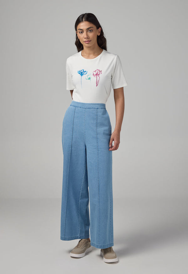 Choice Solid Wide Leg Denim Trousers Light Blue