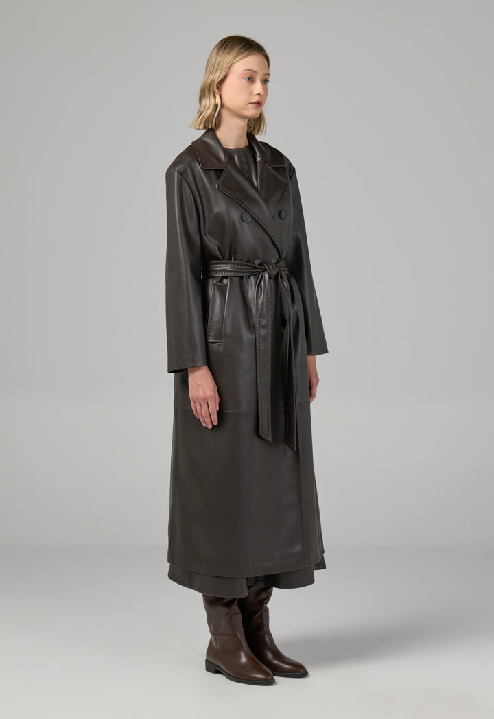 Choice Pu Leather Belted Trench Coat Brown