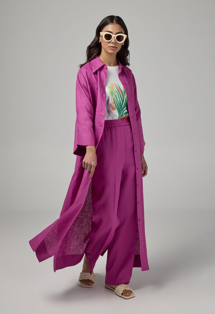 Choice Solid Linen Shirt Dress Purple