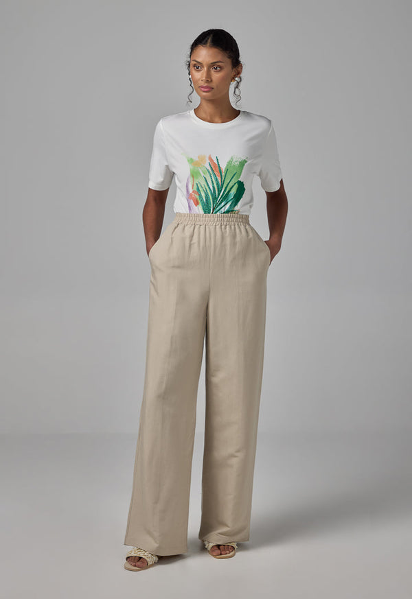 Choice Elastic Waist Wide Leg Trousers Sand