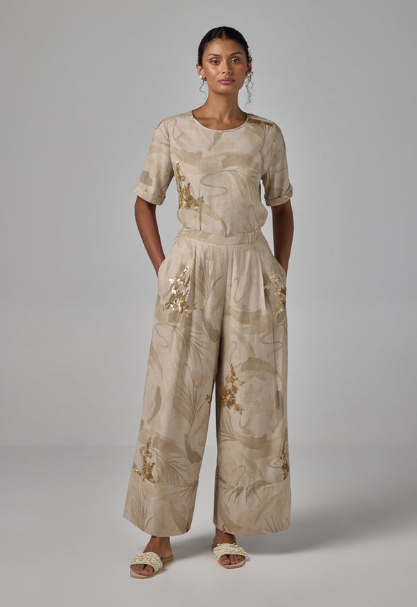 Choice Elastic Waistband Sequins Embellished Palazzo Trousers Beige
