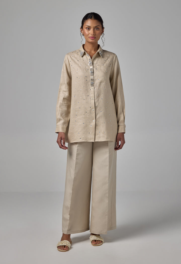 Choice Solid Crystal Embellished Shirt Sand