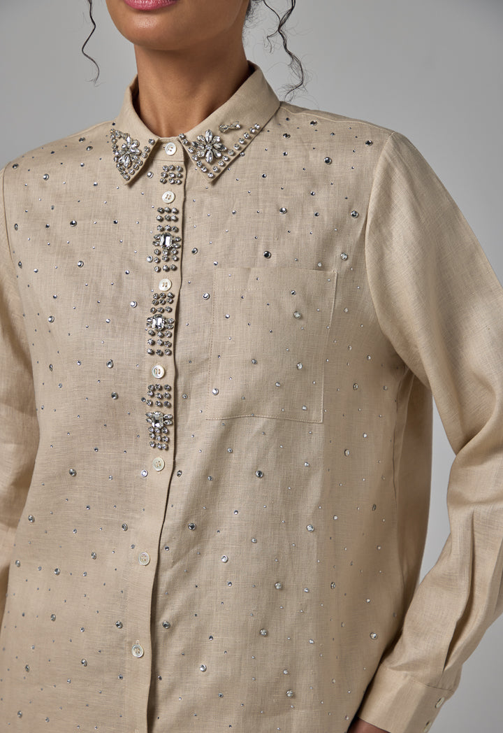 Choice Solid Crystal Embellished Shirt Sand