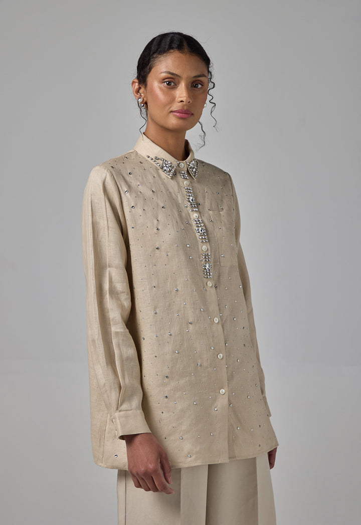 Choice Solid Crystal Embellished Shirt Sand