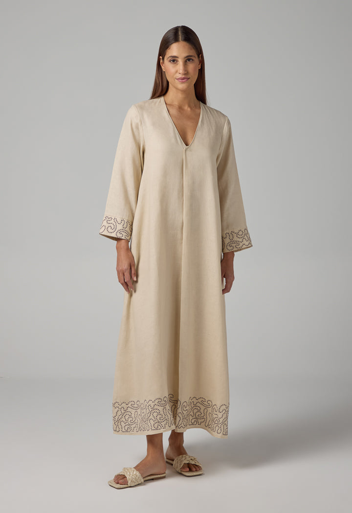 Choice Solid V-Neck Linen Dress Beige