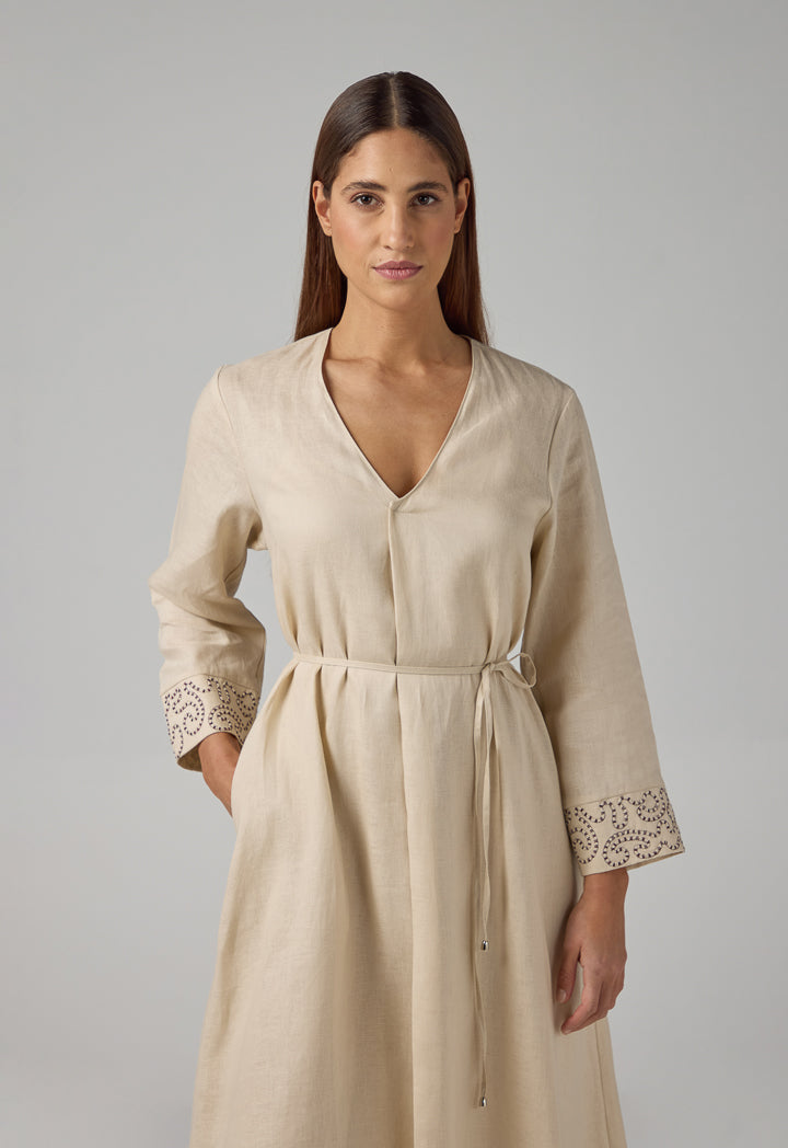 Choice Solid V-Neck Linen Dress Beige