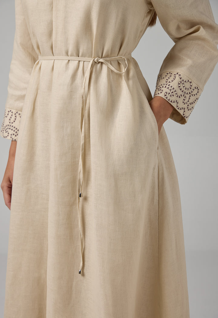 Choice Solid V-Neck Linen Dress Beige