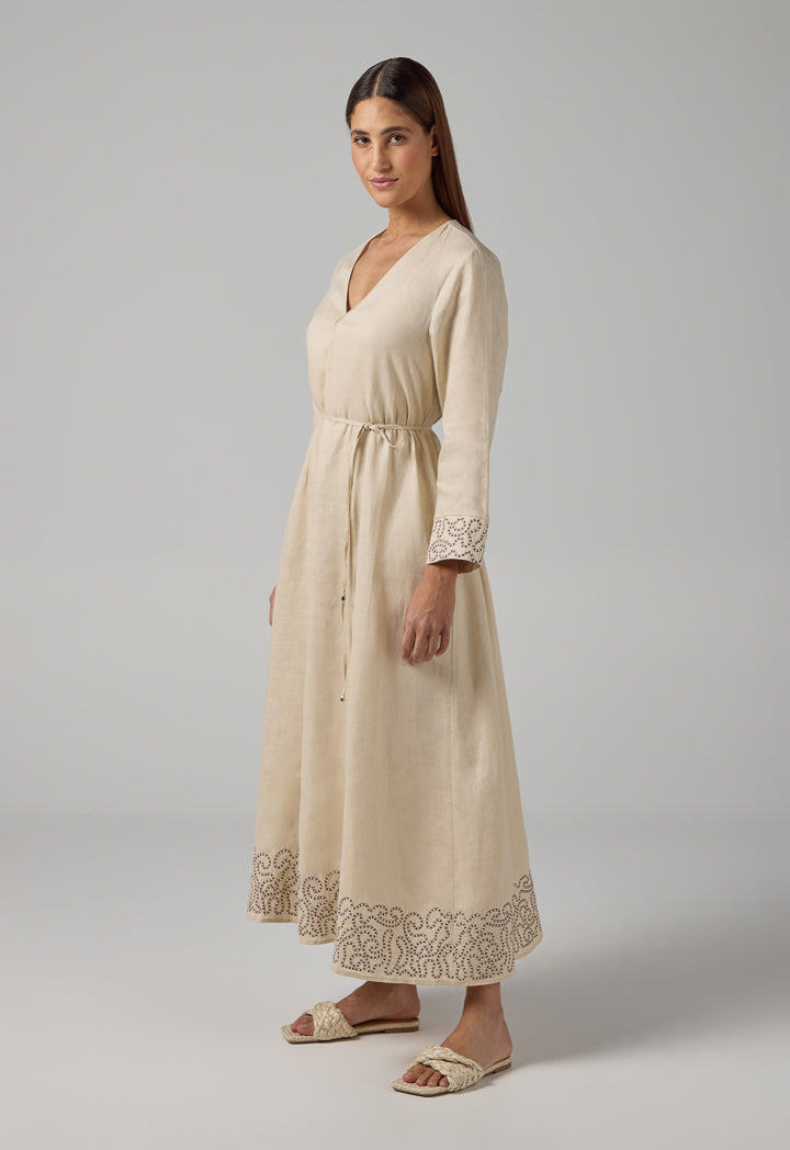 Choice Solid V-Neck Linen Dress Beige