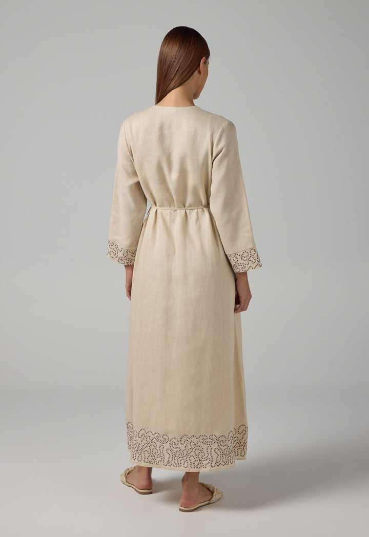 Choice Solid V-Neck Linen Dress Beige