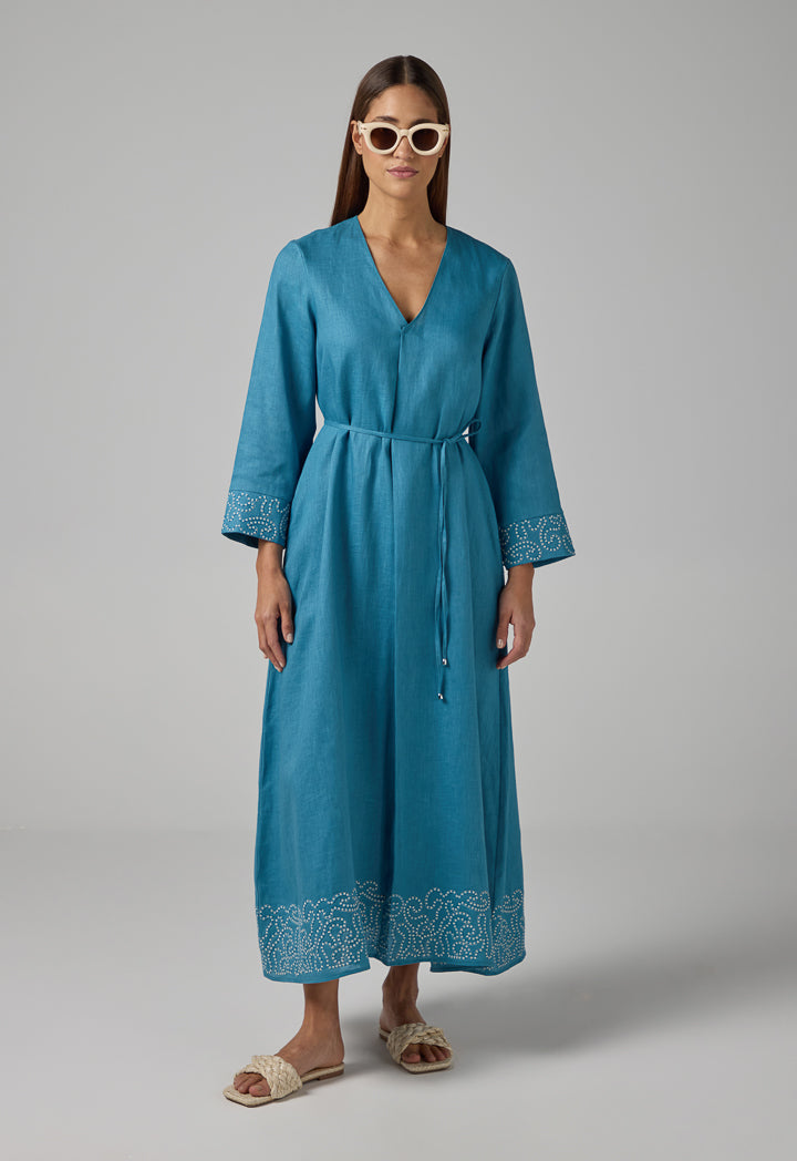 Choice Solid V-Neck Linen Dress Blue