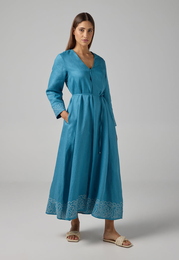 Choice Solid V-Neck Linen Dress Blue