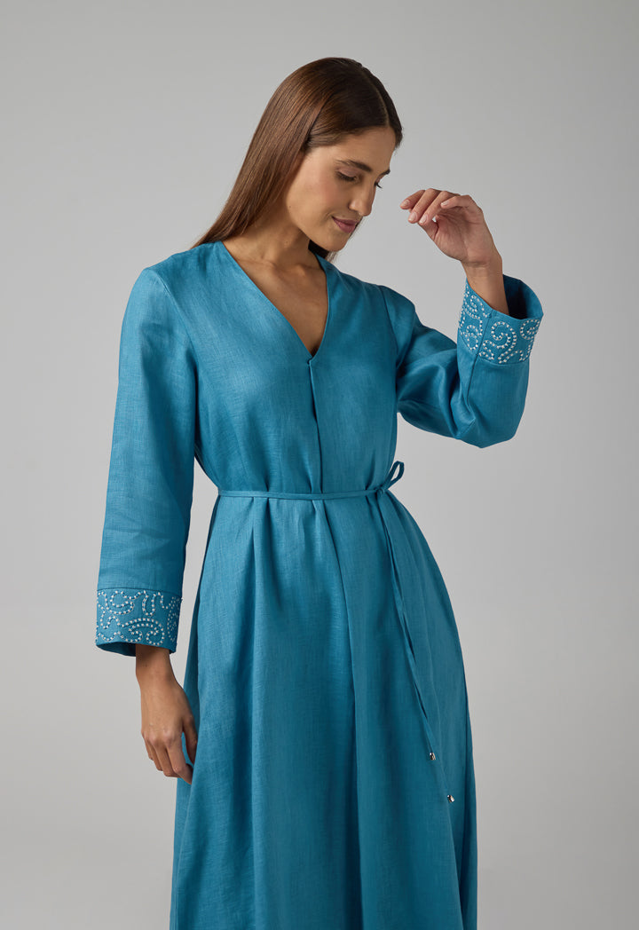 Choice Solid V-Neck Linen Dress Blue