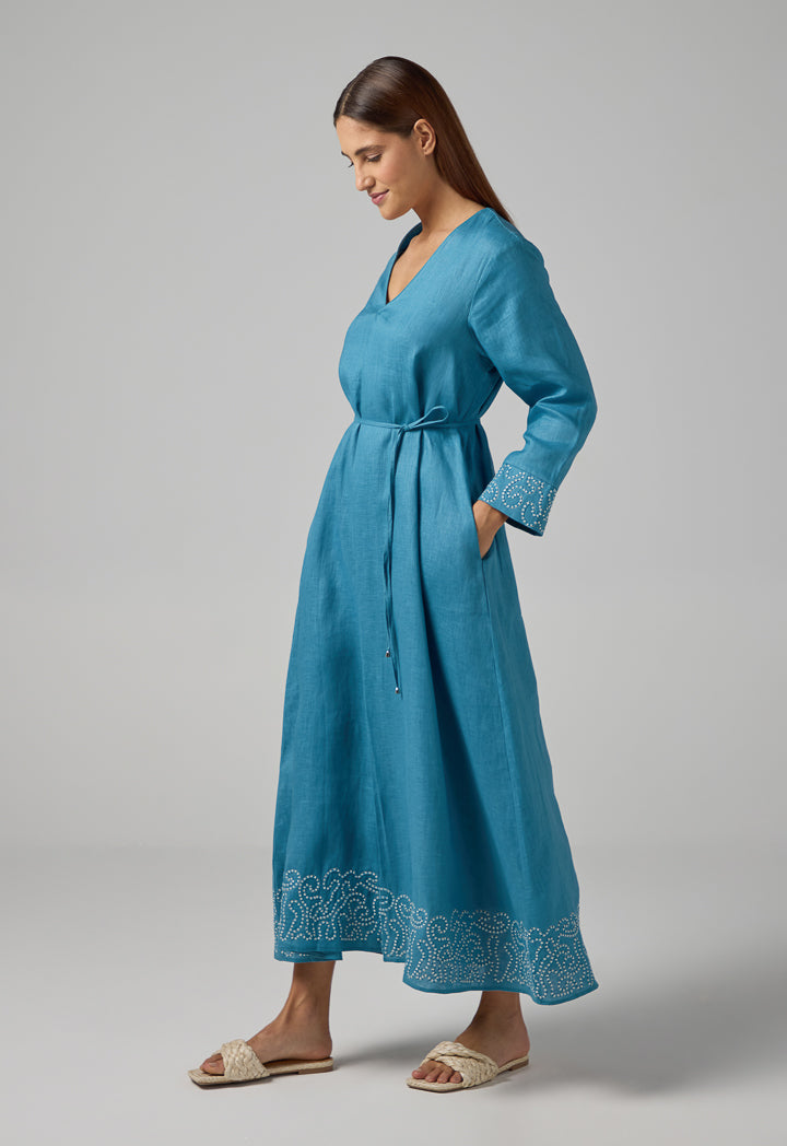 Choice Solid V-Neck Linen Dress Blue