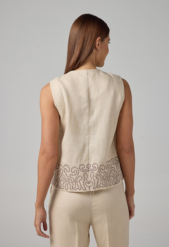 Choice Embroidered Sleeveless Gilet Beige