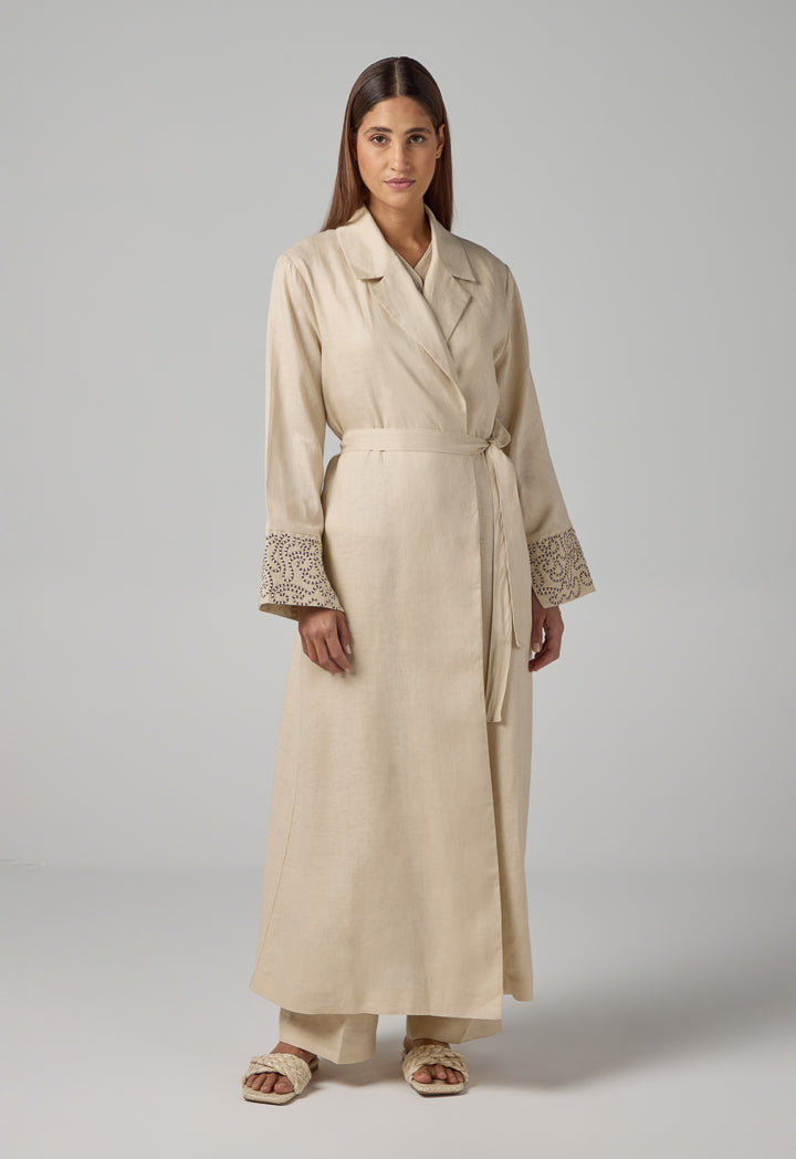 Choice Embroidered Contrast Maxi Belted Abaya Beige