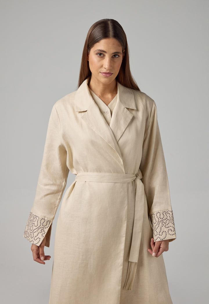 Choice Embroidered Contrast Maxi Belted Abaya Beige