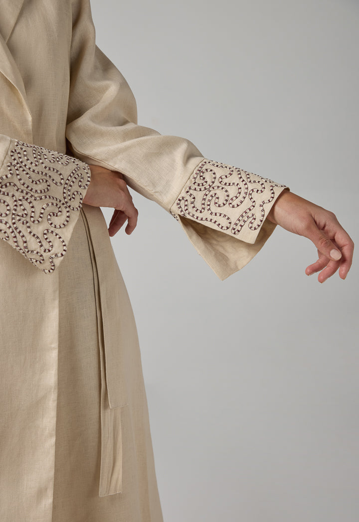 Choice Embroidered Contrast Maxi Belted Abaya Beige