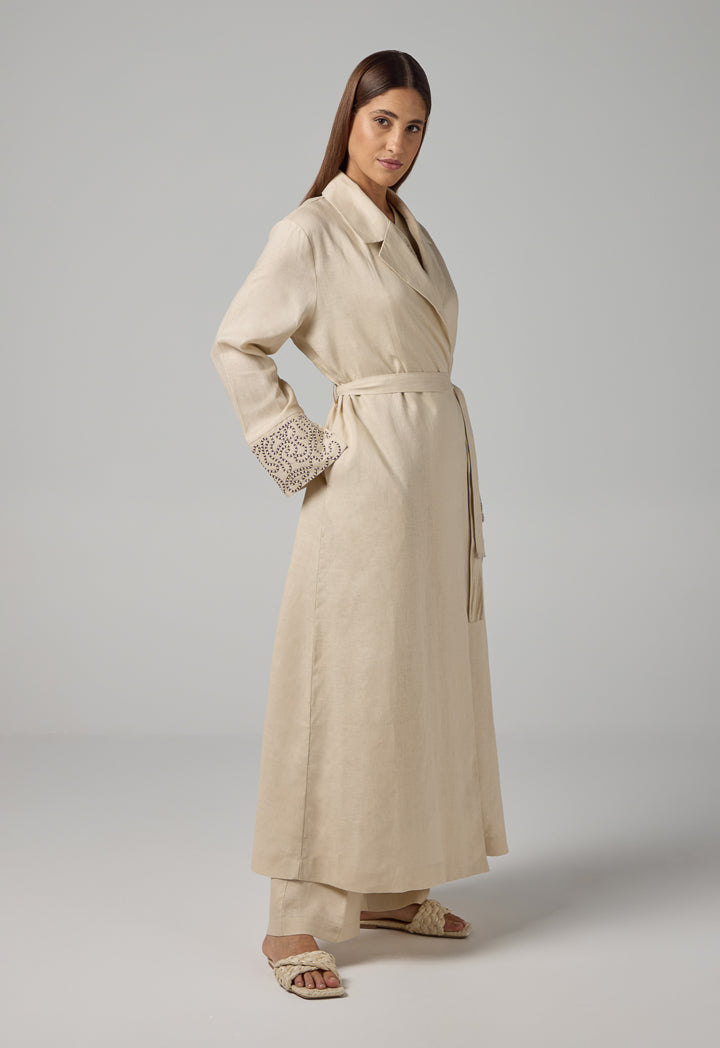 Choice Embroidered Contrast Maxi Belted Abaya Beige