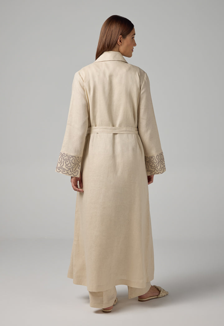 Choice Embroidered Contrast Maxi Belted Abaya Beige