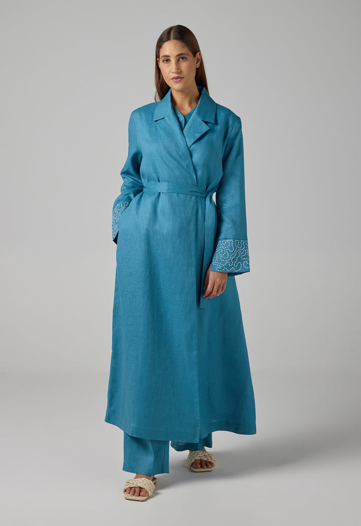 Choice Embroidered Contrast Maxi Belted Abaya Blue