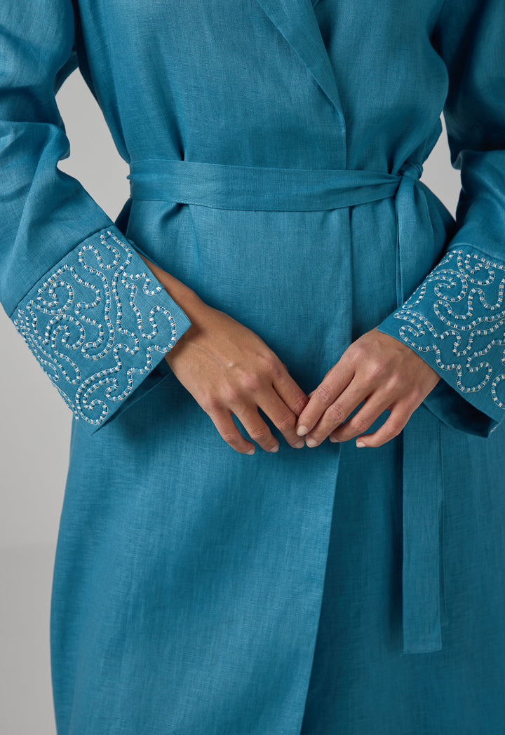 Choice Embroidered Contrast Maxi Belted Abaya Blue