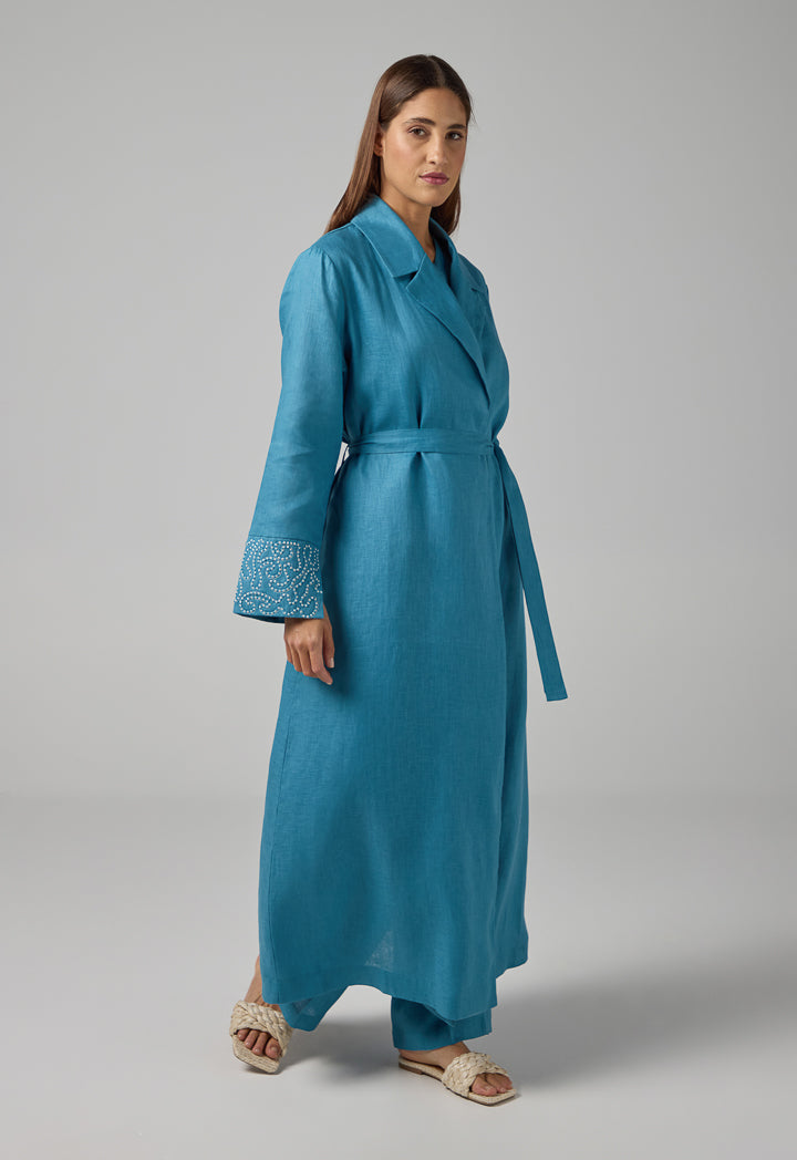 Choice Embroidered Contrast Maxi Belted Abaya Blue