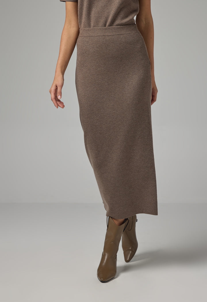 Choice Solid Straight Cut Knitted Skirt Brown