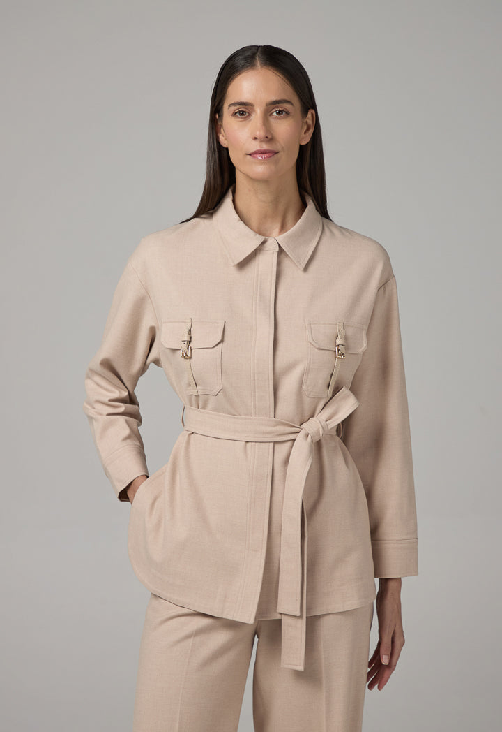 Choice Solid Front Pockets Belted Shirt Beige