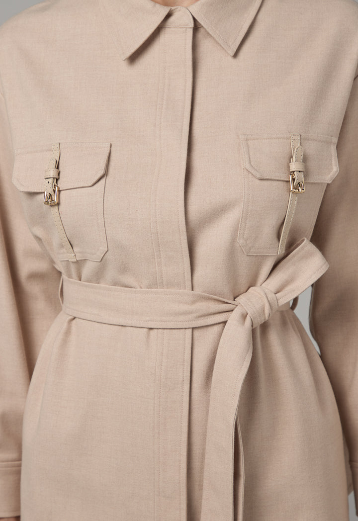 Choice Solid Front Pockets Belted Shirt Beige