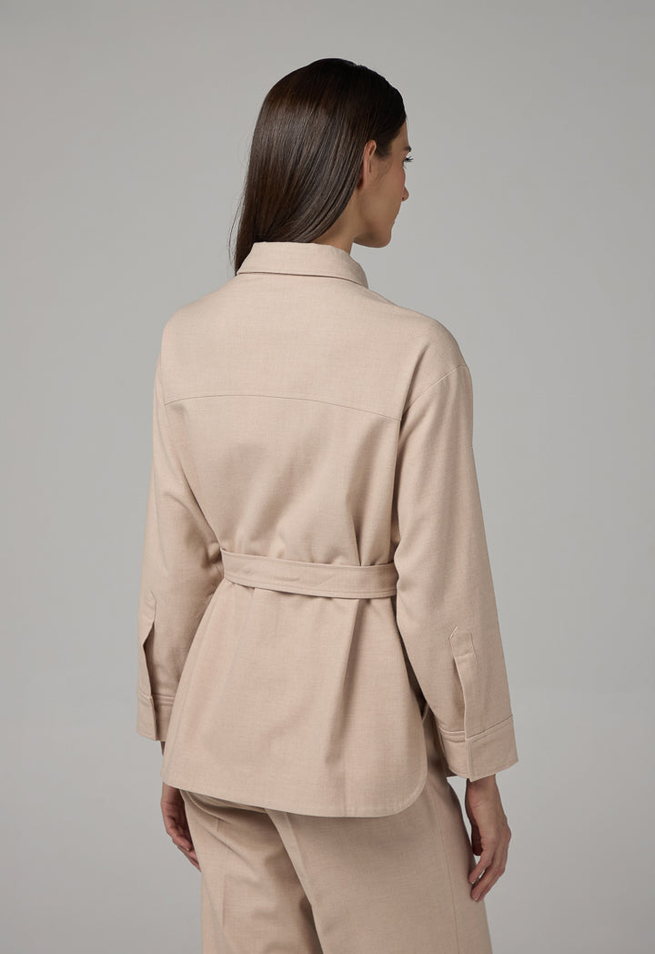 Choice Solid Front Pockets Belted Shirt Beige