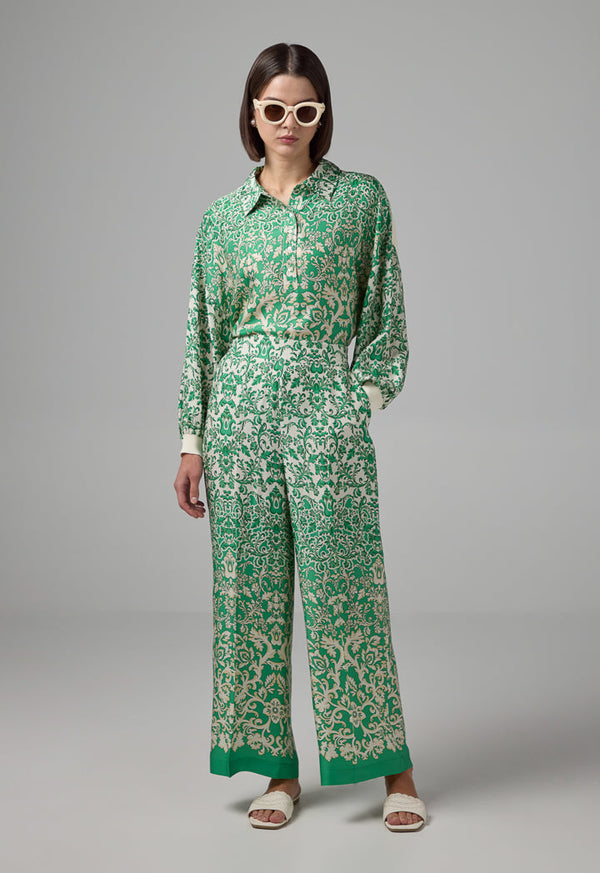 Choice Printed Wide Leg Straight Cut Trousers Green
