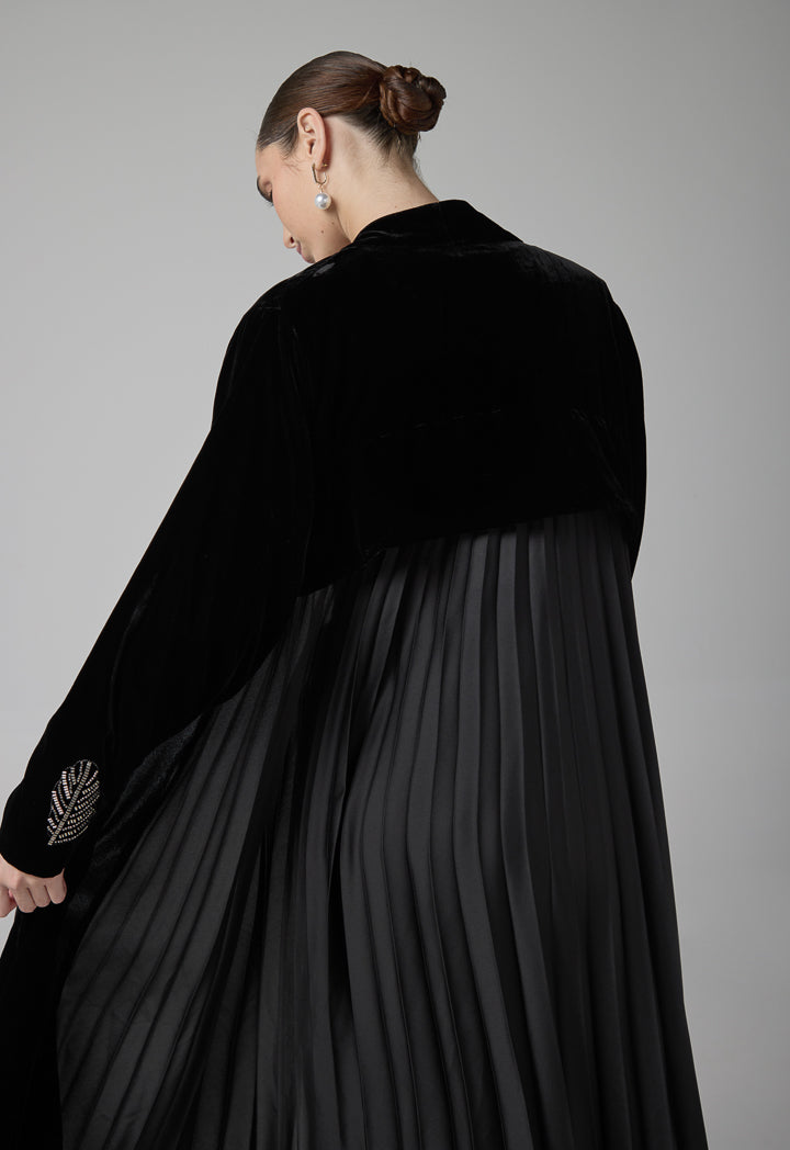 Choice Bead Embellished Pleated Velvet Abaya Black