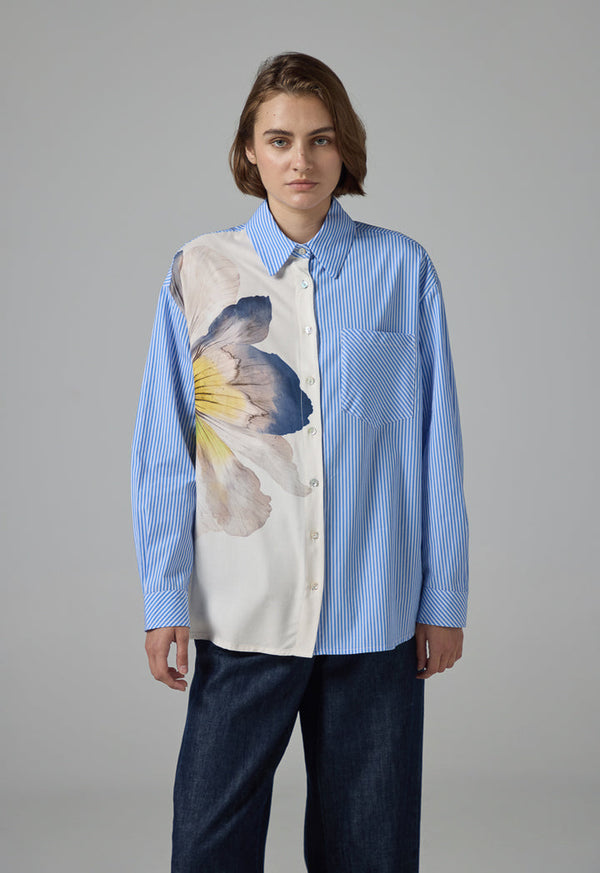 Choice Long Sleeve Floral Print Striped Shirt Blue