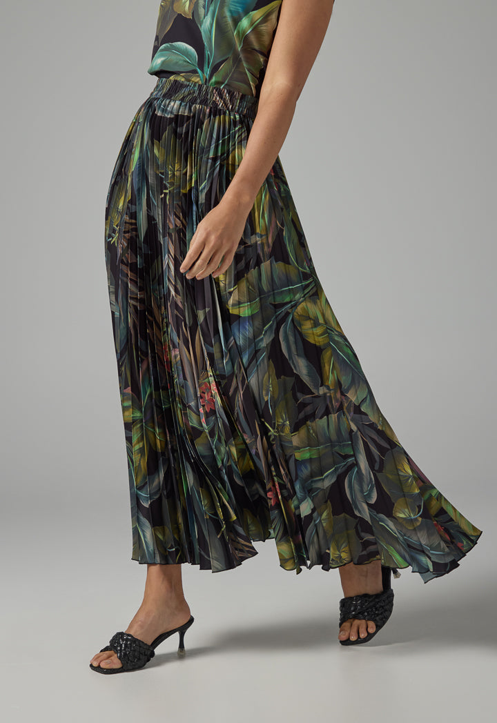 Choice Printed Pleated Flared Skirt Multi Color