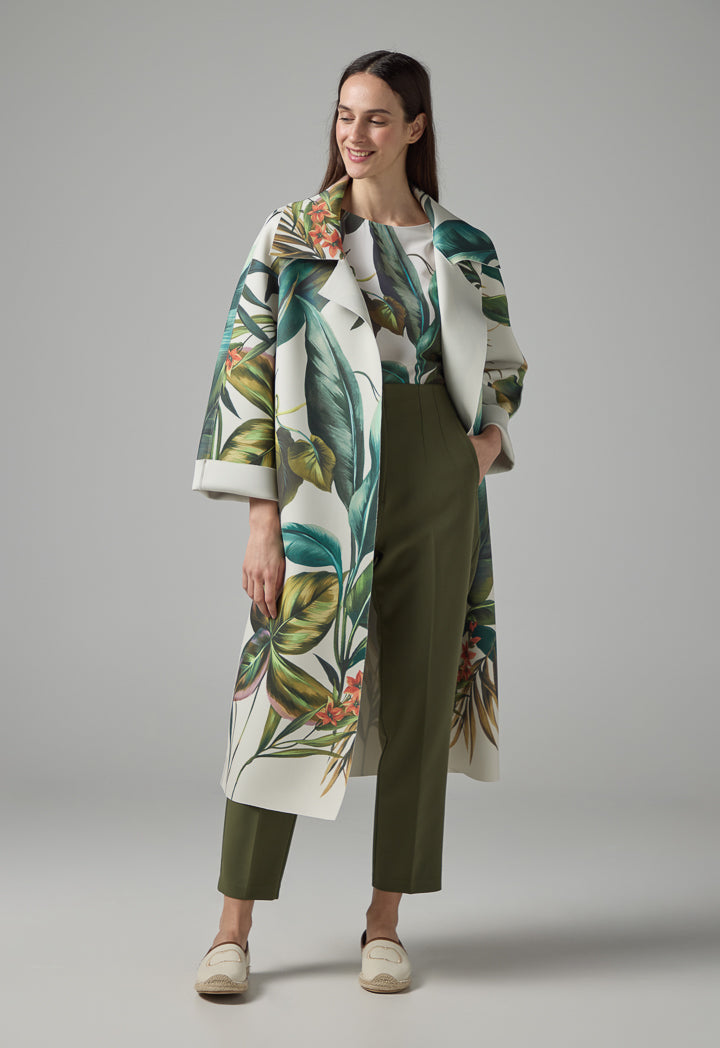 Choice Floral Print Flared Belted Coat Multi Color