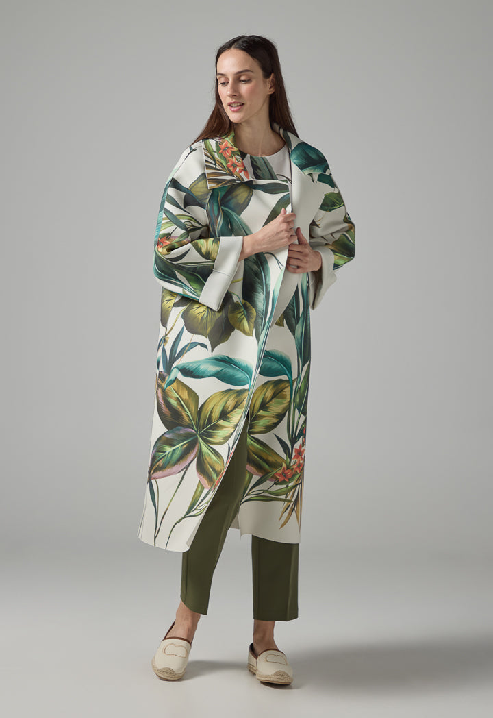 Choice Floral Print Flared Belted Coat Multi Color