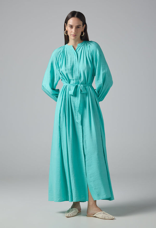 Choice Solid Crinkled Belted Maxi Dress Blue