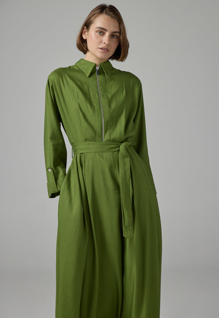 Choice Solid Flared Belted Maxi Dress Green