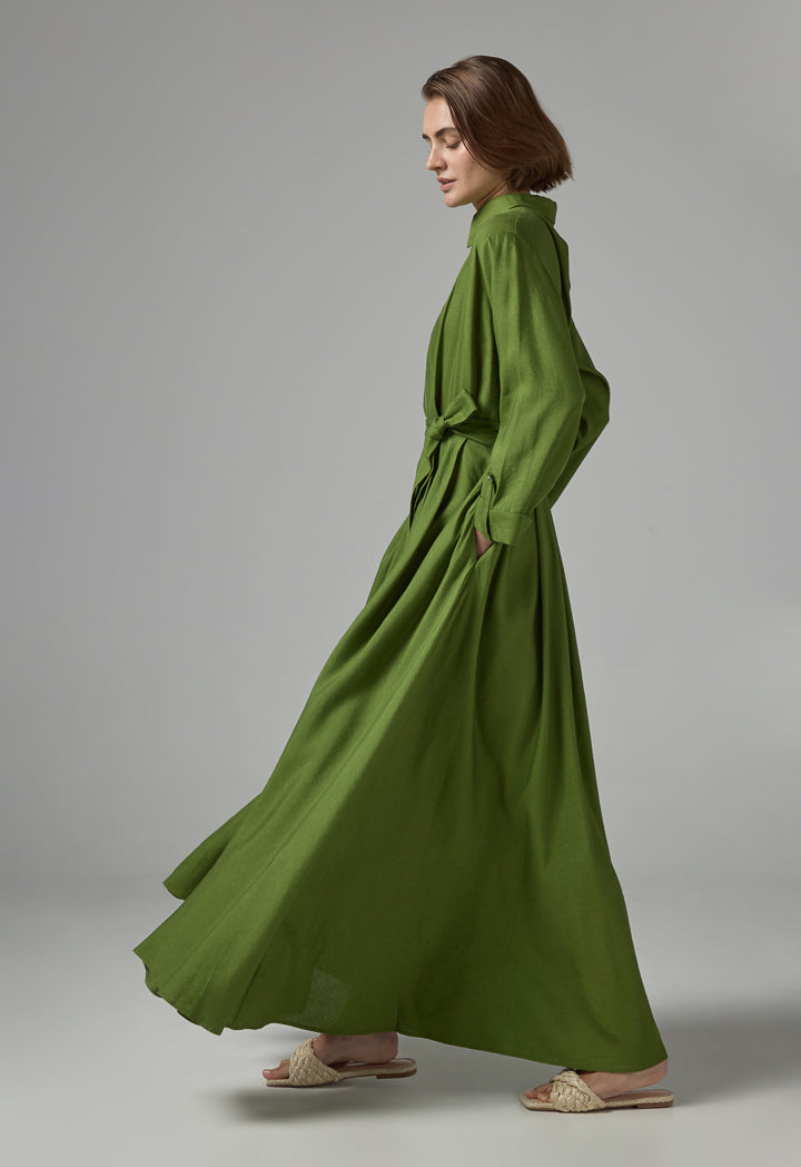 Choice Solid Flared Belted Maxi Dress Green