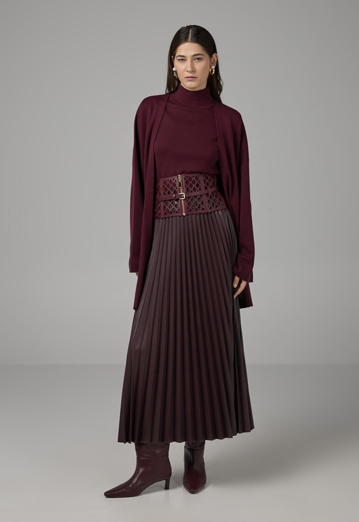 Choice Pleated Pu Leather Solid Skirt Burgundy