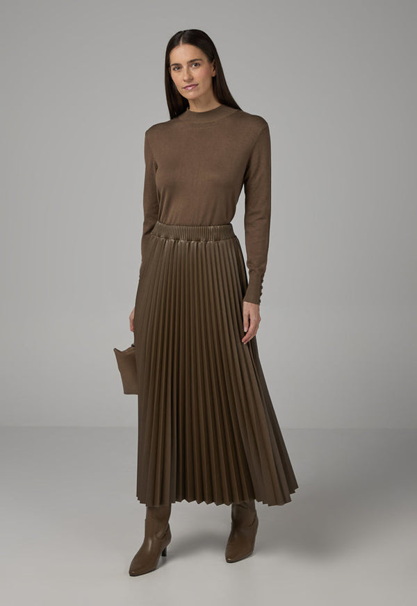 Choice Pleated Pu Leather Solid Skirt Brown