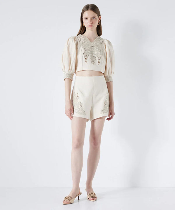 Ipekyol Embroidered Linen Shorts Natural