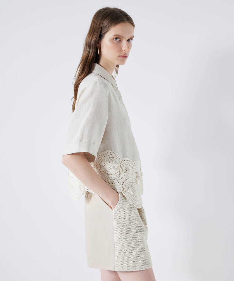 Ipekyol Linen Shirt With Crochet Applique Natural