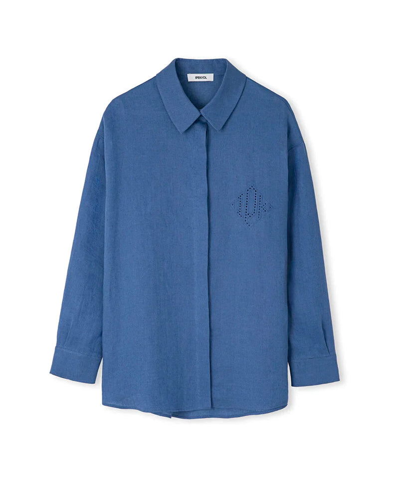Ipekyol Linen Shirt With Monogram Embroidery Blue