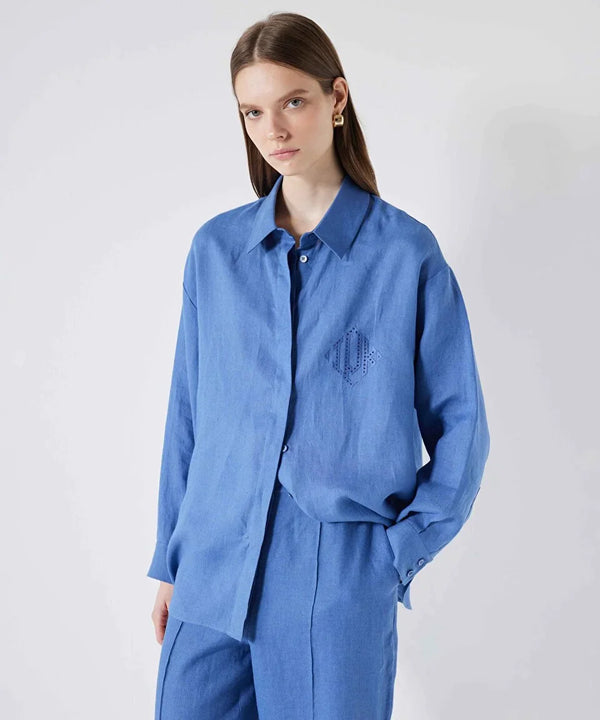 Ipekyol Linen Shirt With Monogram Embroidery Blue