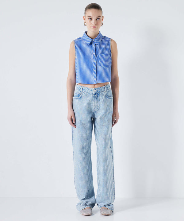 Ipekyol Cropped Shirt With Stone Stripes Light Blue