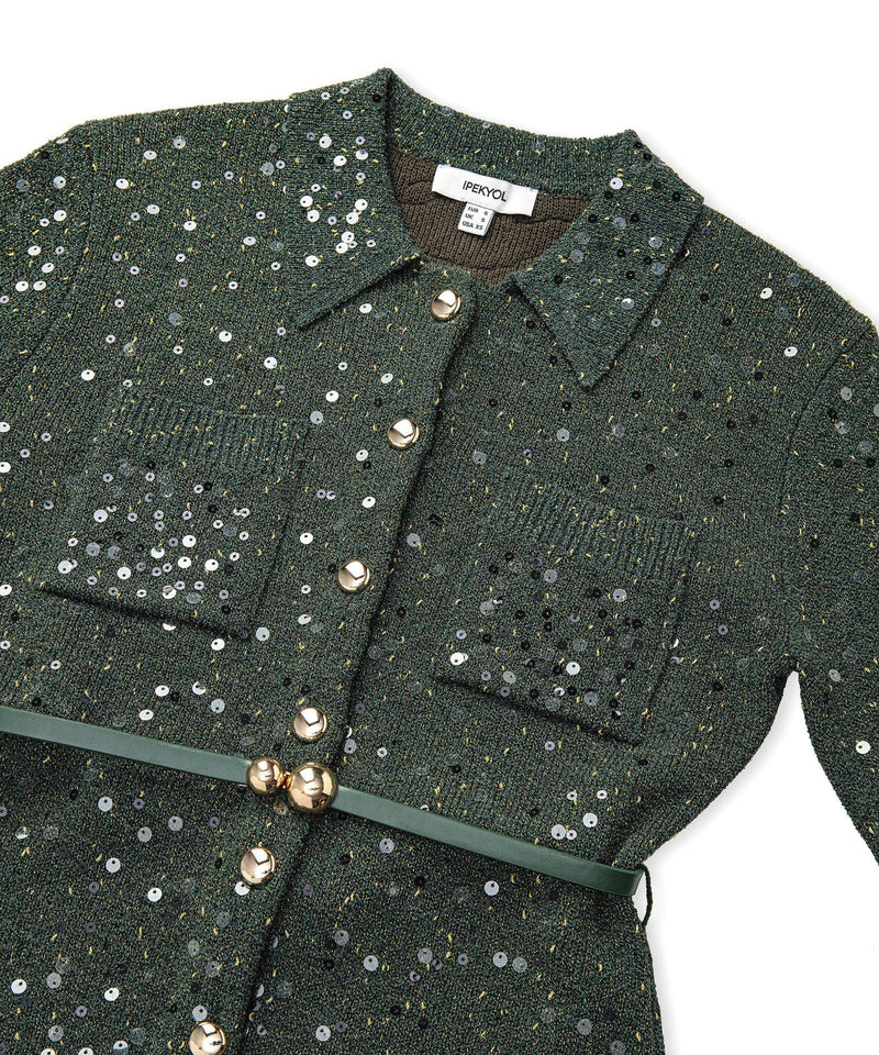 Ipekyol Sequin Embroidered Belted Knitwear Green