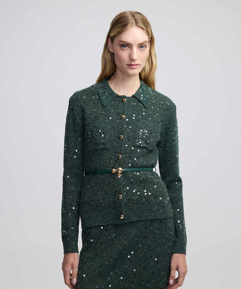 Ipekyol Sequin Embroidered Belted Knitwear Green